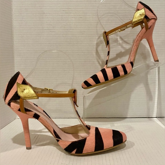 Ungaro Fuchsia Pink & Black Zebra Stripe Calf Hair Leather T-Strap Heels Italy - Picture 3 of 8